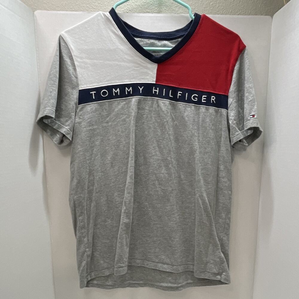 Tommy Hilfiger Men's S Gray Red White Blue Colorblock Logo V-Neck Cotton Tee